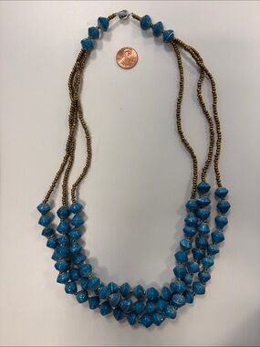 Handmade Recycled Paper Blue Beaded Triple-Strand Necklace